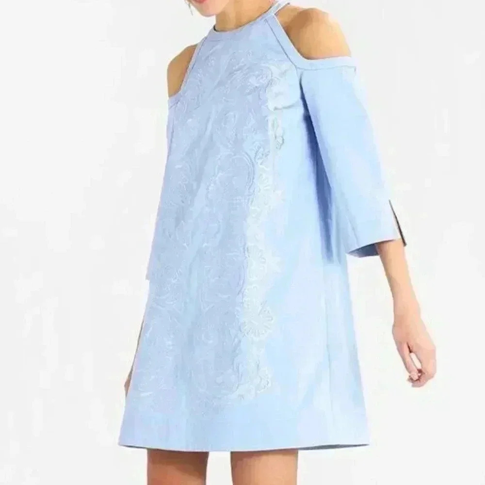 Ted Baker Jettas Embroidered Cold  Shoulder Dress Baby Blue Size 1